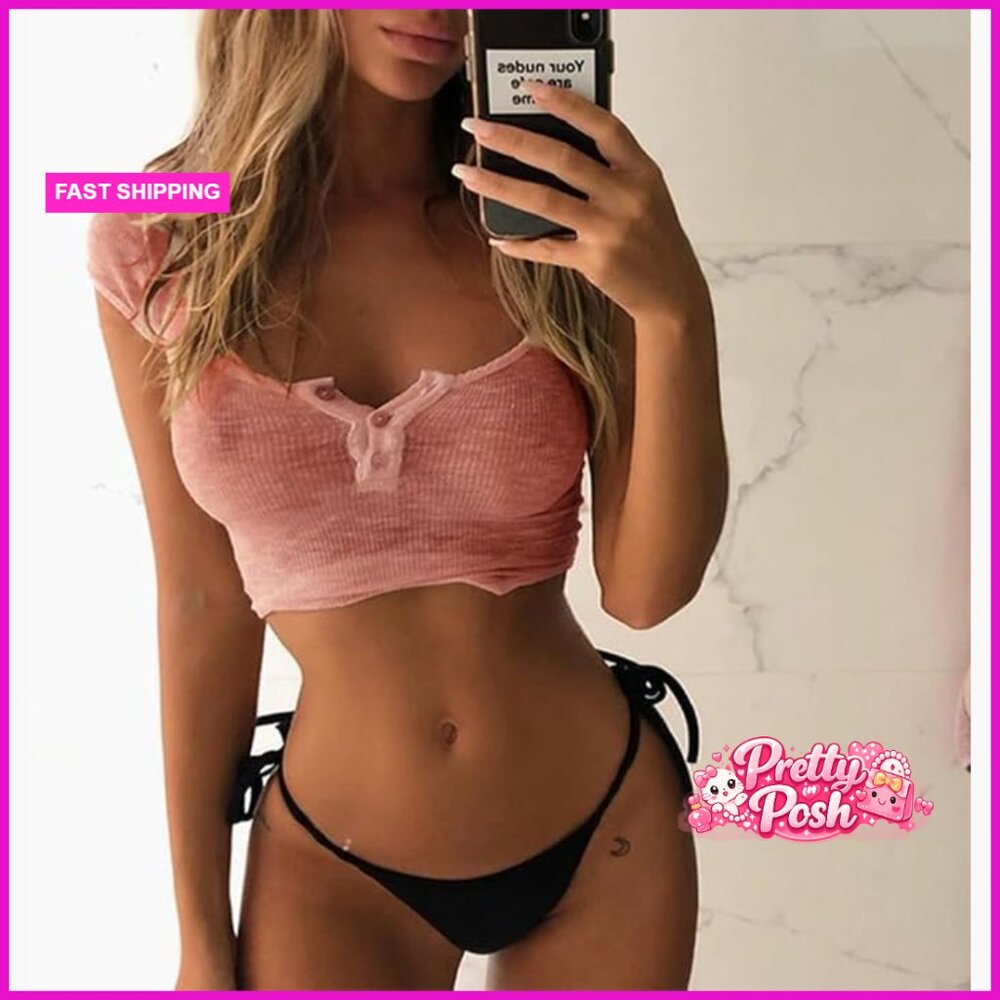 Polyester See Through Crop Top Button Front Squar… - image 3